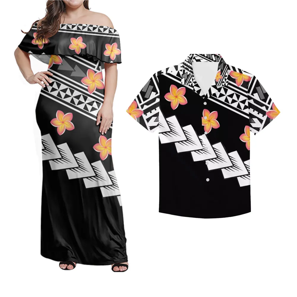 Venta al por mayor negro blanco Polinesia las mujeres de Samoa vestido tribal retro Impresión 2 piezas de moda hombro con volantes Vestido largo con camisa