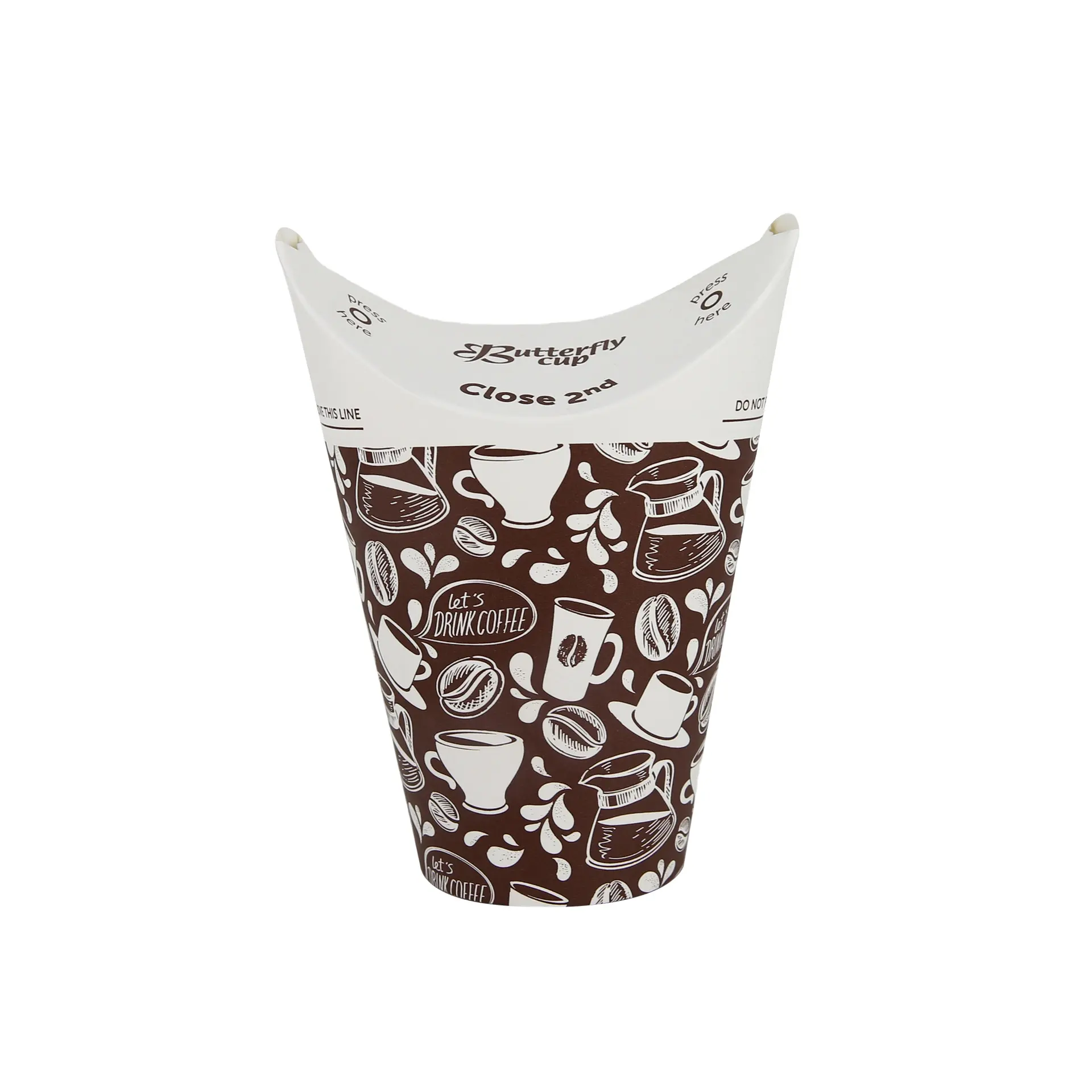 Takeawey paper coffee butterfly cups biodegradable butterfly paper cups with integrated folding lid for cold hot drinks