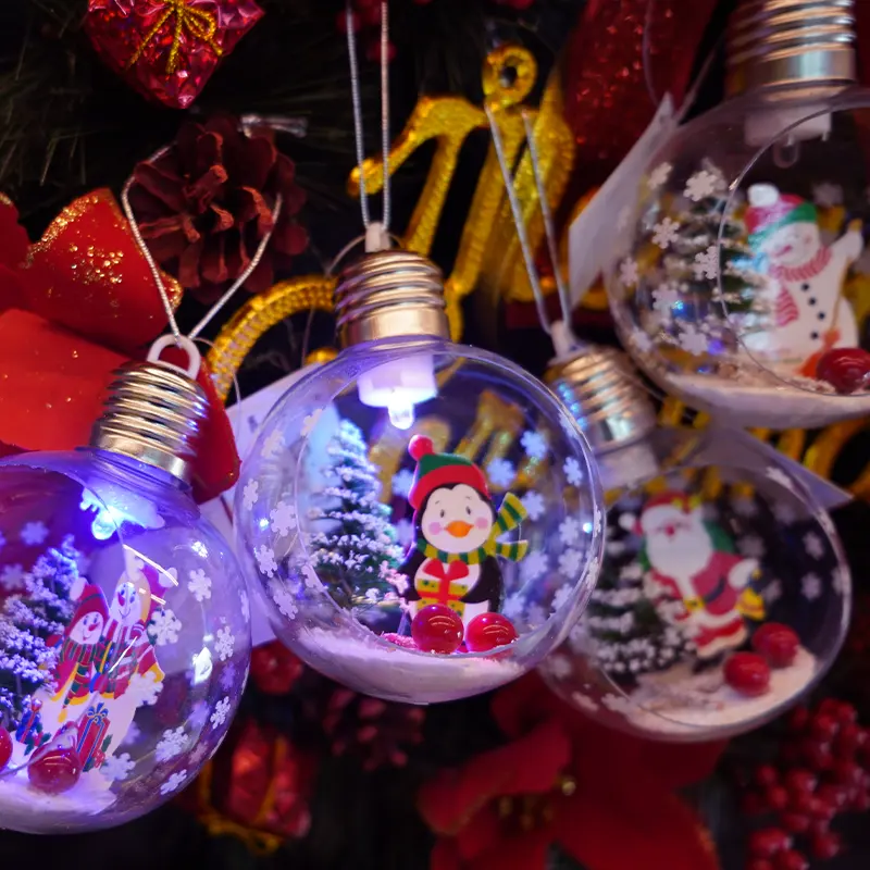 Heiße Neuheit Transparente Weihnachts baum dekoration Bolas de Navidad Kunststoff Cartoon Elf Muster Licht Weihnachts kugel Ornament