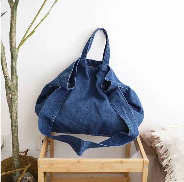 Bolsa de mão de denim lisa coreana, sacola de linho casual para senhoras