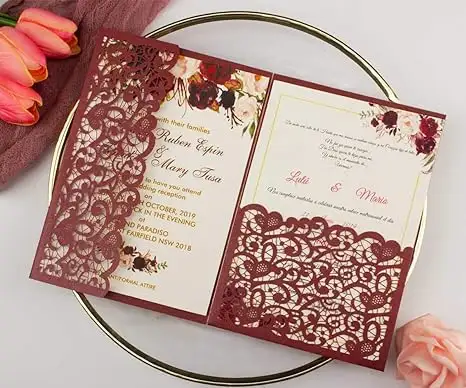 Cartões de convite de casamento vintage com três dobras, cartões com envelopes, inserções de convites