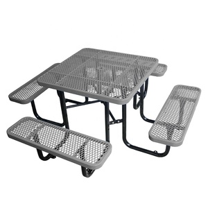 Outdoor Commercial 46&quot; square Expanded Metal Picnic Table with Bench Garden Furniture Steel Outside <strong>Patio</strong> Dining Table and Chair - Product Image 5