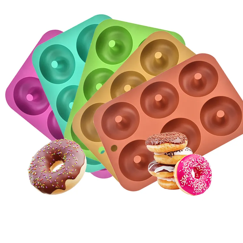 Venta caliente forma redonda grado alimenticio 6 cavidades Donut hornear Pan silicona Donuts moldes para hornear pasteles