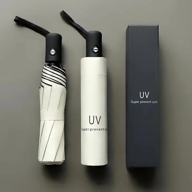 Promoción barata personalizada lluvia blanca 3 paraguas plegable a prueba de viento Uv Paraguas automático con impresión de logotipo
