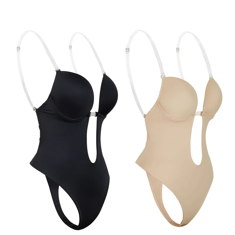 Kadınlar seksi Shapewear iç çamaşırı toplanan göğüs desteği açık geri u-şekilli Backless Push up sütyen tanga tam vücut şekillendirici