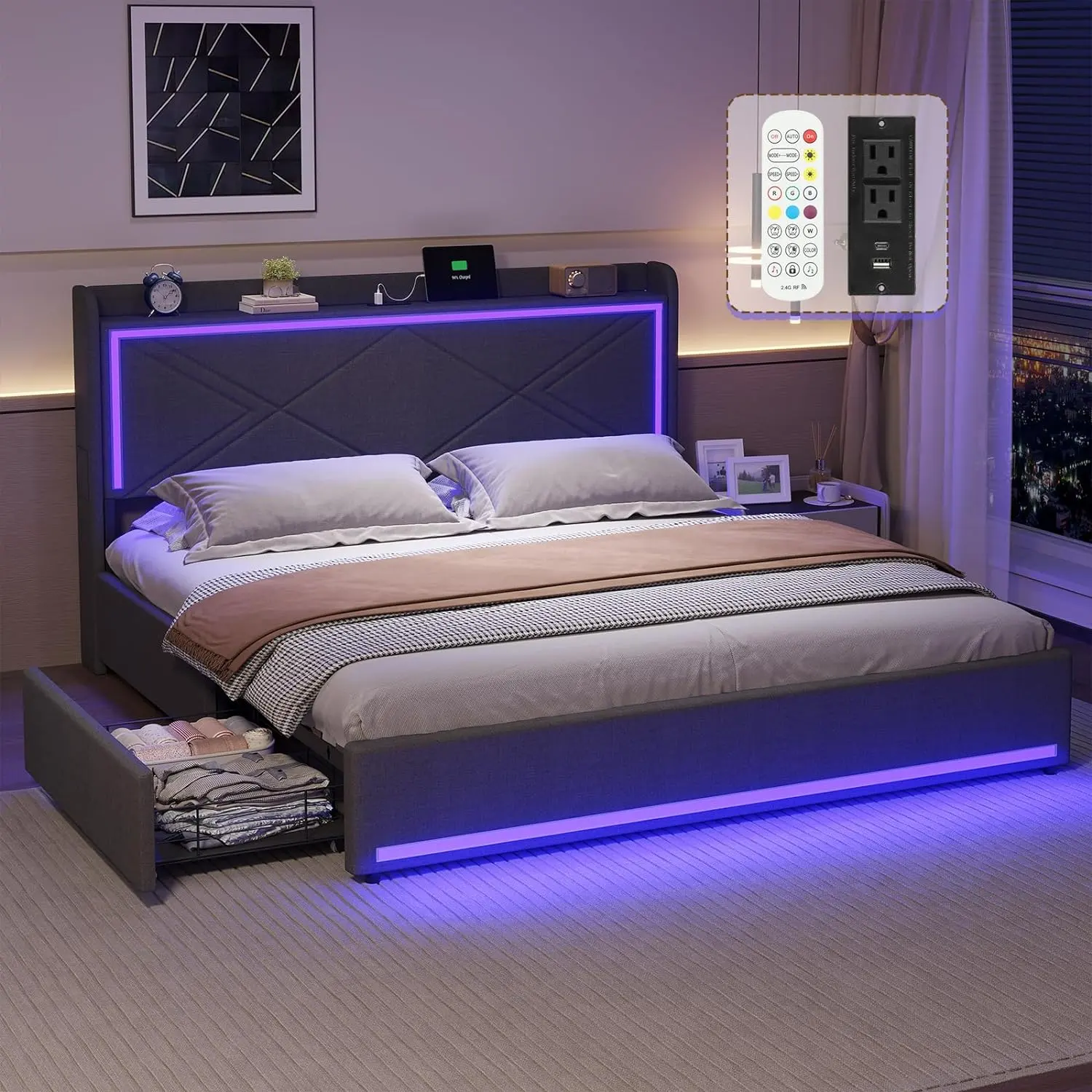 Led lights king size modern bed with drawers wooden bed