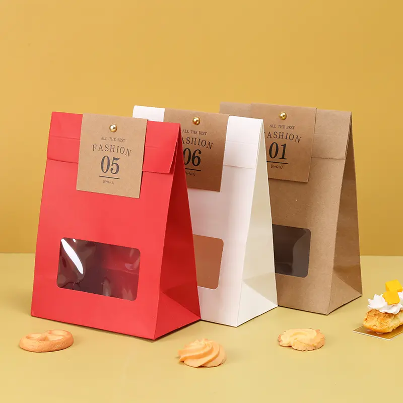 Custom Logo Print Food Bread Brown Kraft Paper Bags With Window For Cookie