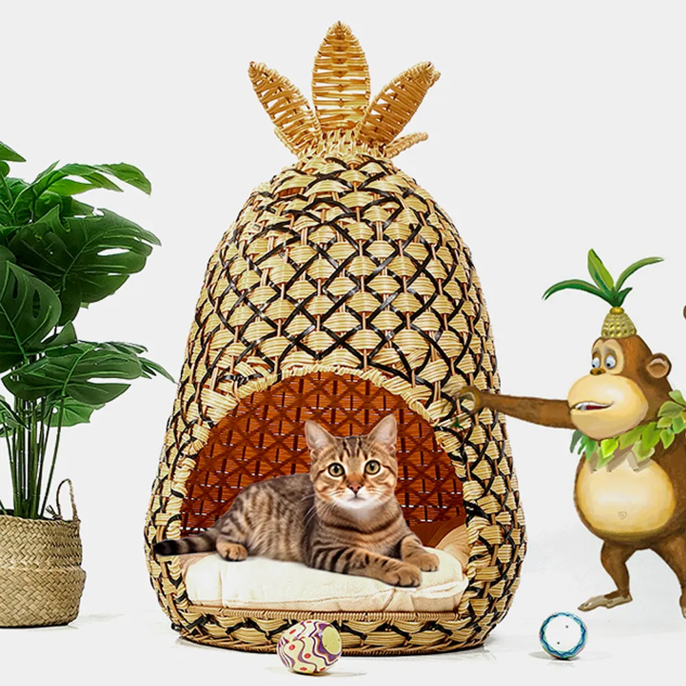 Huangtu PP plastik Rattan sepet Pet ev kedi yatak mağara köpek kulübesi hasır el yapımı dokuma ananas şekli sevimli ve sıcak Pet House