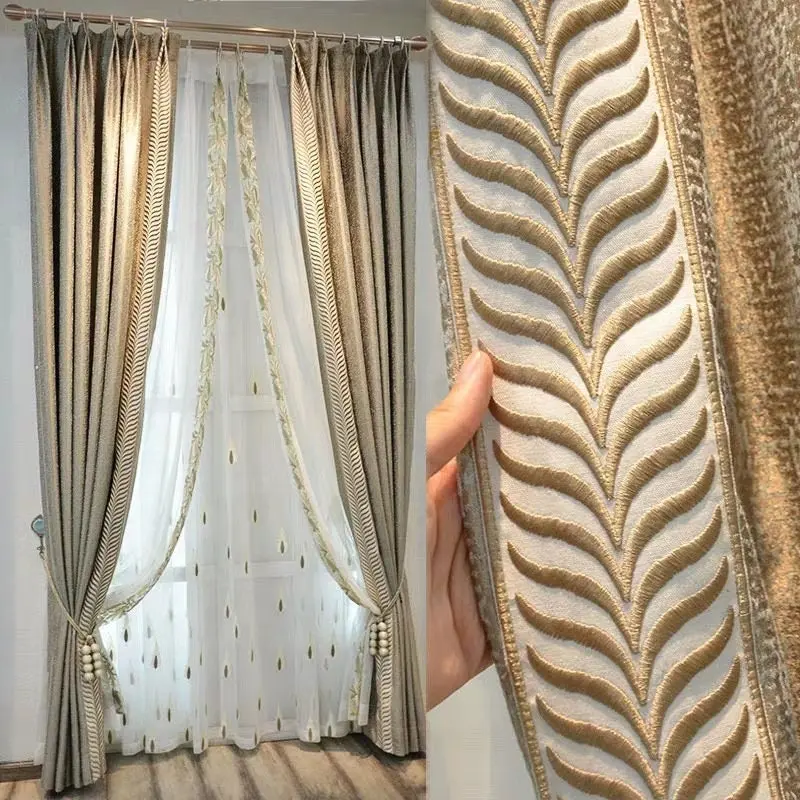 カスタムグレーゴールデンラグジュアリーアメリカンスタイルホテルウィンドウ防音パネルリビングルーム用2層刺Embroideredカーテン