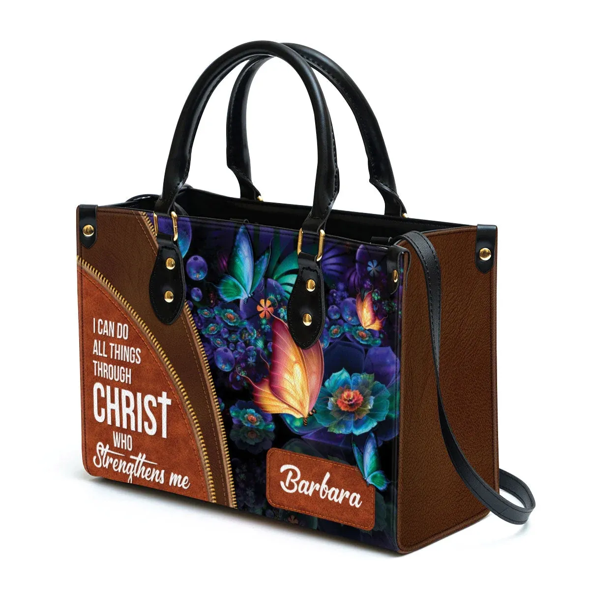 Puedo hacer todas las cosas a través de Cristo Bolso de cuero Nombre personalizado Mariposa Bolso de lujo Bolsas de compras grandes Regalo cristiano para mujeres