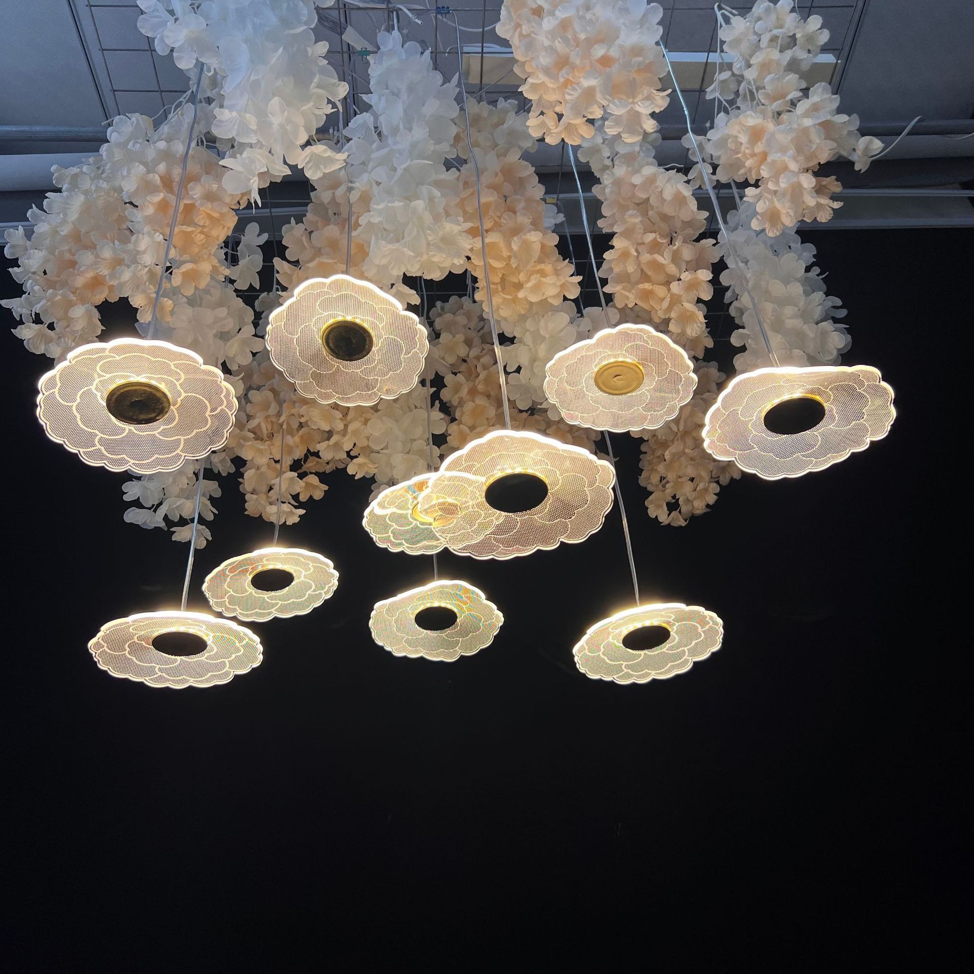 5 acrylic twisted flower chandelier/brushed golden warm light