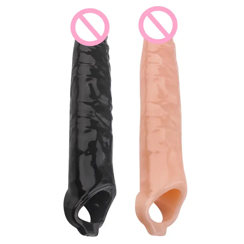 Tamanho enorme Long Penis Sleeve pênis Extender realista dildo em forma Galo Alargamento Extensão Preservativo