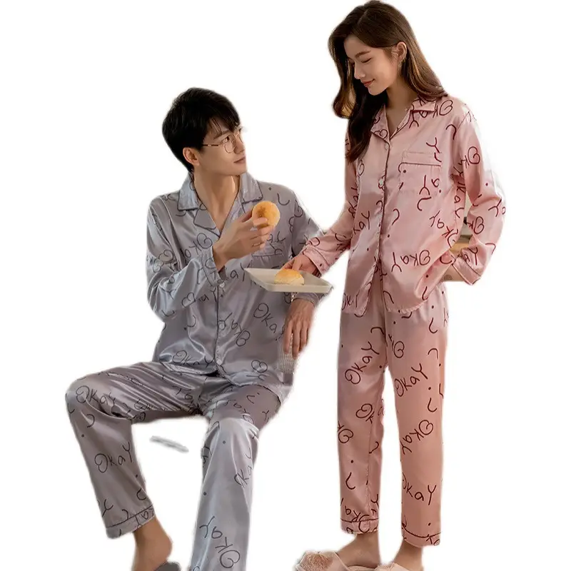 Pyjama à manches longues pour Couples, vêtements de nuit pour femmes et hommes, en soie glacée, nouveau Design, pour amoureux, 2021