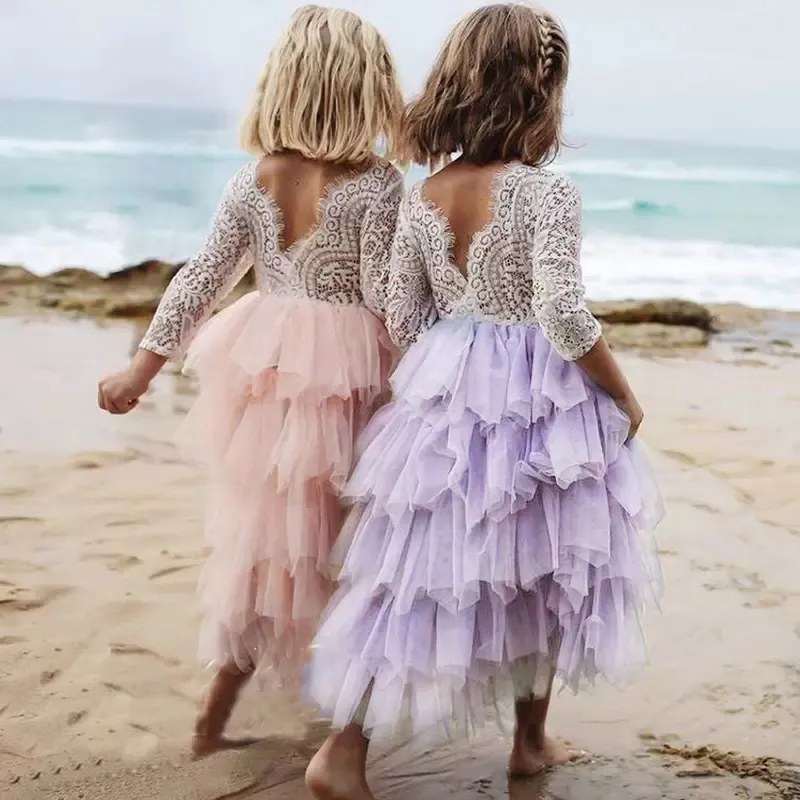 Lace Kids Girl Floral Flower Girls Princess Dresses Long Sleeve Children PartTutu Dress Boutique Kids Clothing