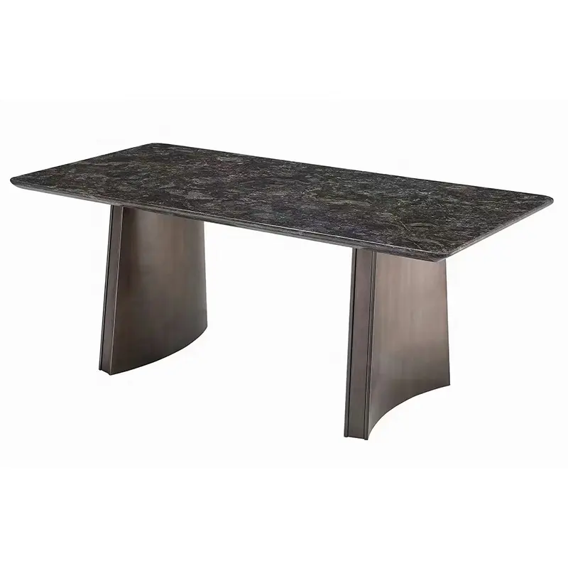 Moderna cina all'ingrosso base in acciaio inox mobili per sala da pranzo 2 base in metallo tavolo da pranzo rettangolare in marmo set 6 posti