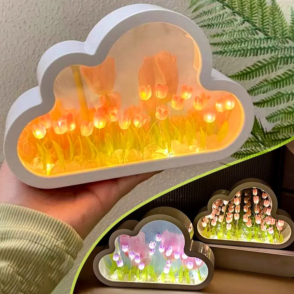 In luce notturna con specchio tulipano a forma di nube fatta a mano nella decorazione del salotto del cuore della ragazza regalo per le vacanze di compleanno