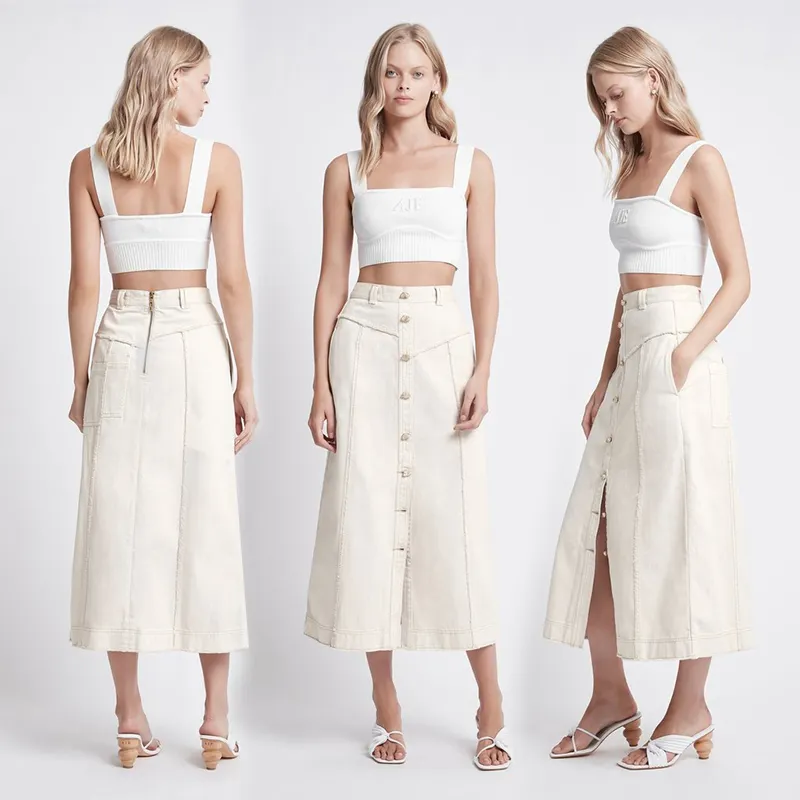 OEM & ODM-Falda larga de algodón para mujer, falda larga de mezclilla de Color piedra, 100% algodón