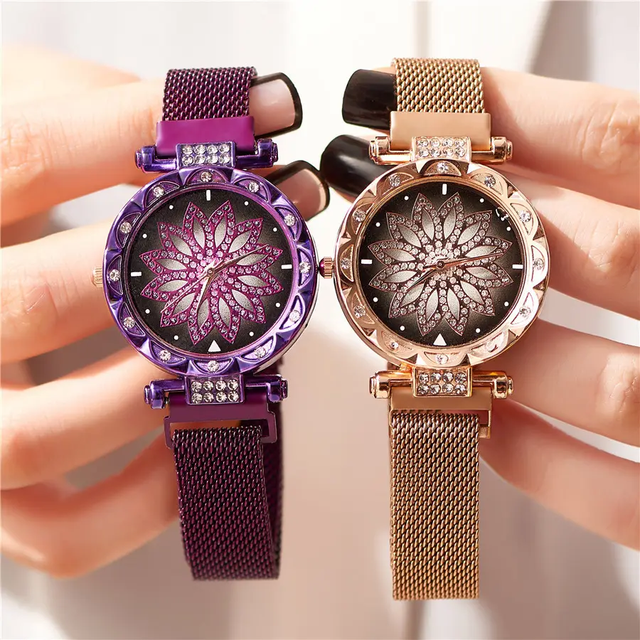 Milano jam tangan gelang kuarsa wanita, arloji tali jala Magnet untuk wanita