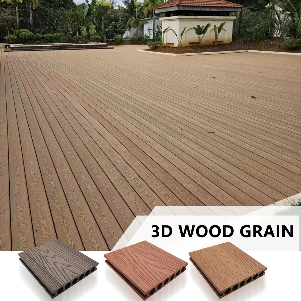 Piso WPC decorativo para pátio/jardim, deck composto em relevo 3D luxuoso resistente às intempéries, durável e com efeito 3D