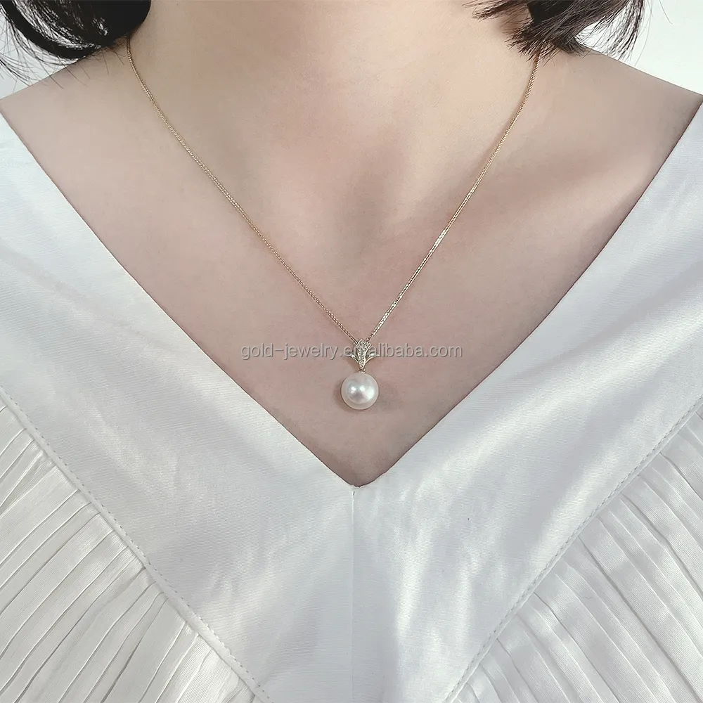 옐로우 솔리드 골드 목걸이 14K AU585 진주 목걸이 진짜 다이아몬드 순수 골드 쥬얼리 여성 선물 파인 쥬얼리