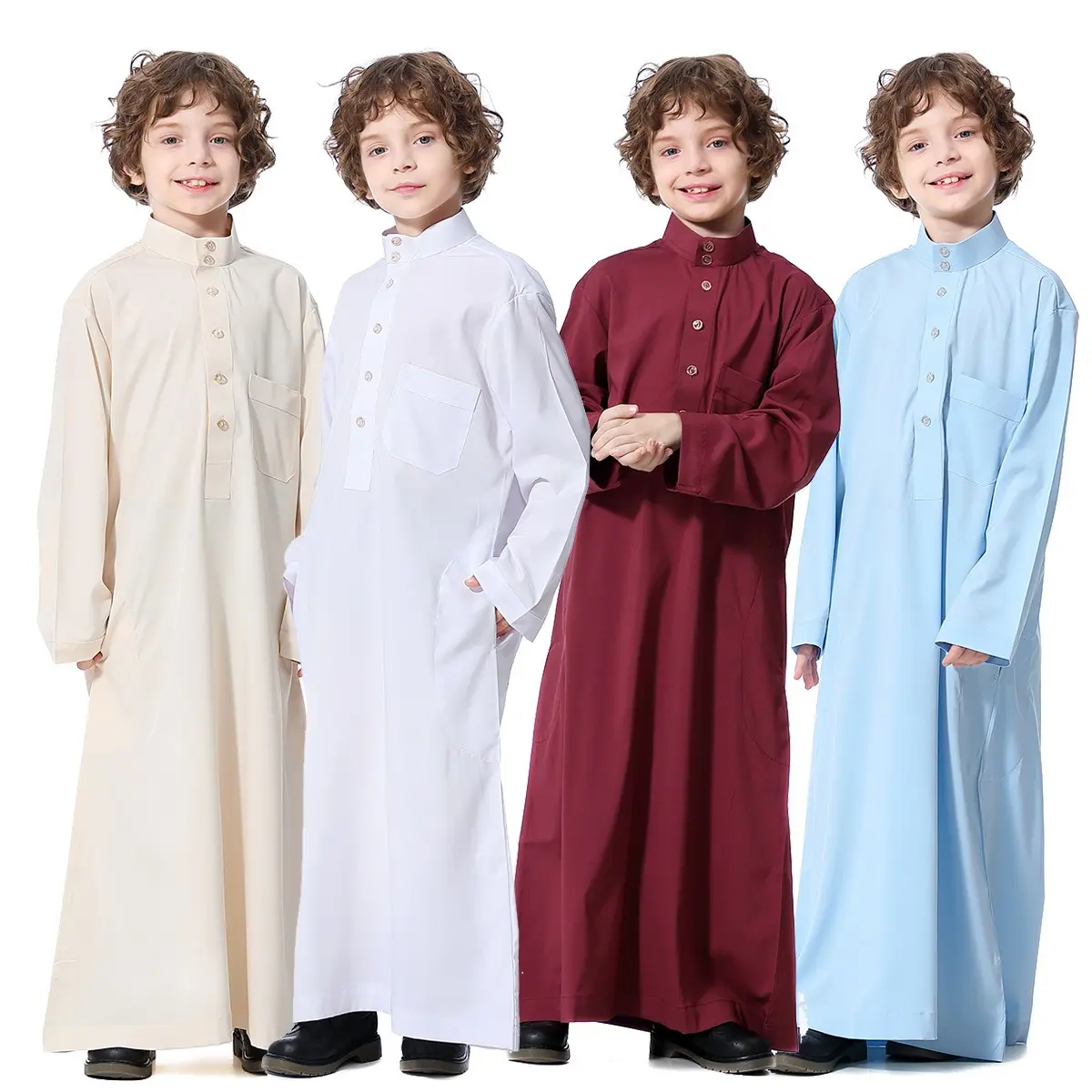 Musulmanes Venta caliente Niños Abaya Niño Vestido Túnica Ropa de oración islámica Túnicas de color sólido C0049