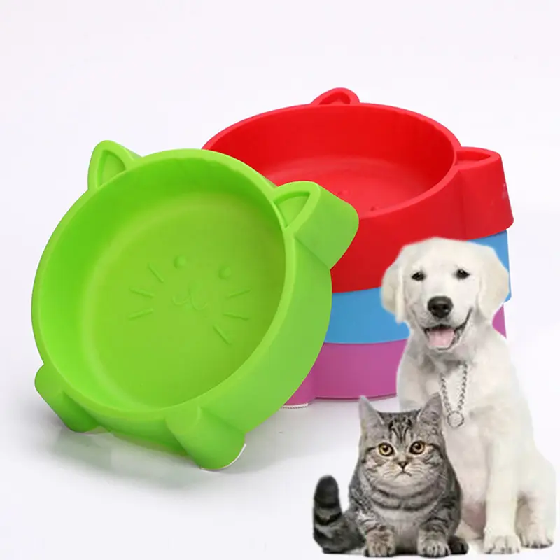 Grosir murah pengumpan plastik permen kartun empat warna desain Wajah kucing antiselip mangkuk makanan hewan peliharaan