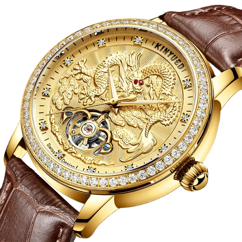 KINYUED, reloj de metal de cuero genuino de alta calidad, reloj de pulsera para hombre con diseño de dragón chino a la moda