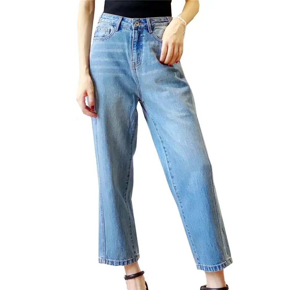 JSMANA personalizzato alto elastico con cerniera bottone signore lungo tessuto Casual largo pantaloni larghi in Denim Jeans dritti da donna