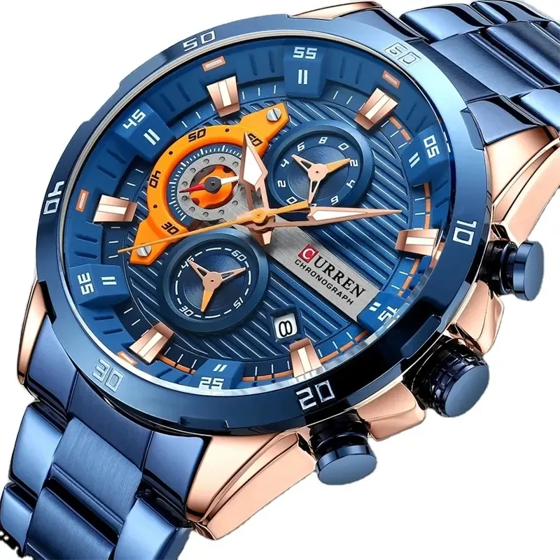 CURREN 8402 jam tangan Stainless Steel pria, arloji kasual Dial bercahaya biru untuk lelaki