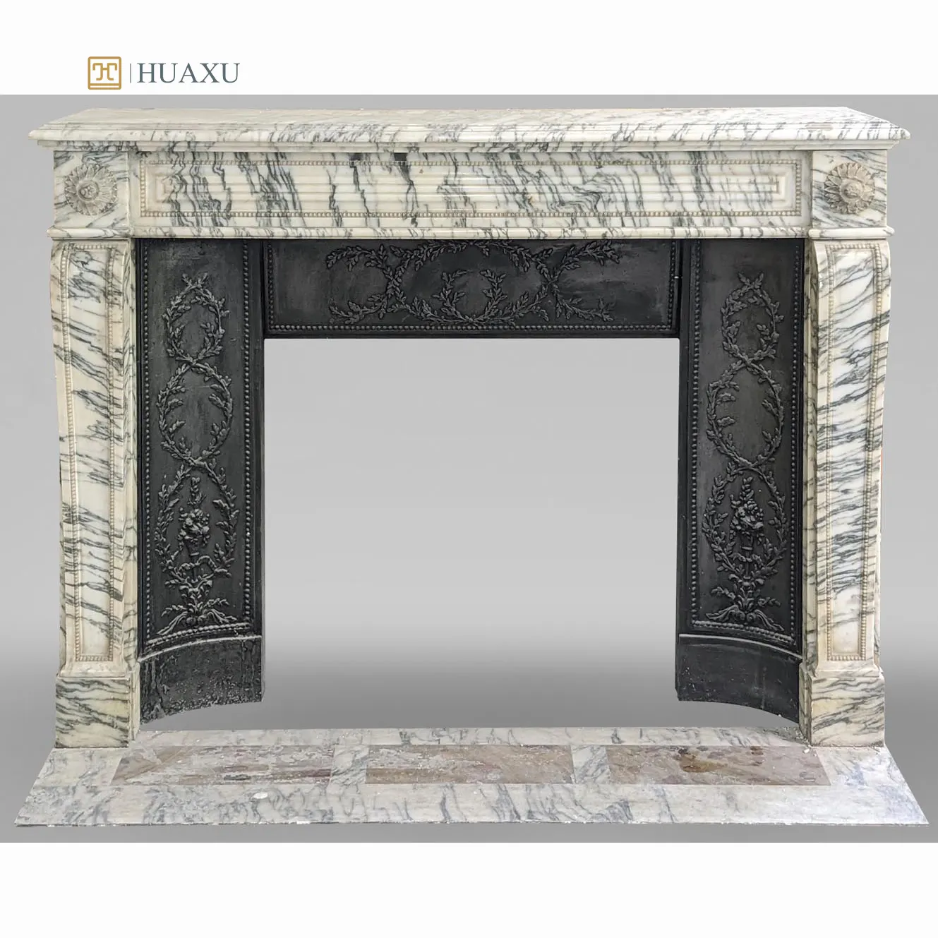 Huaxu Piedra Natural tallada a mano Clásico Carrara Gris Blanco Mármol Chimenea Mental Surround Moderno