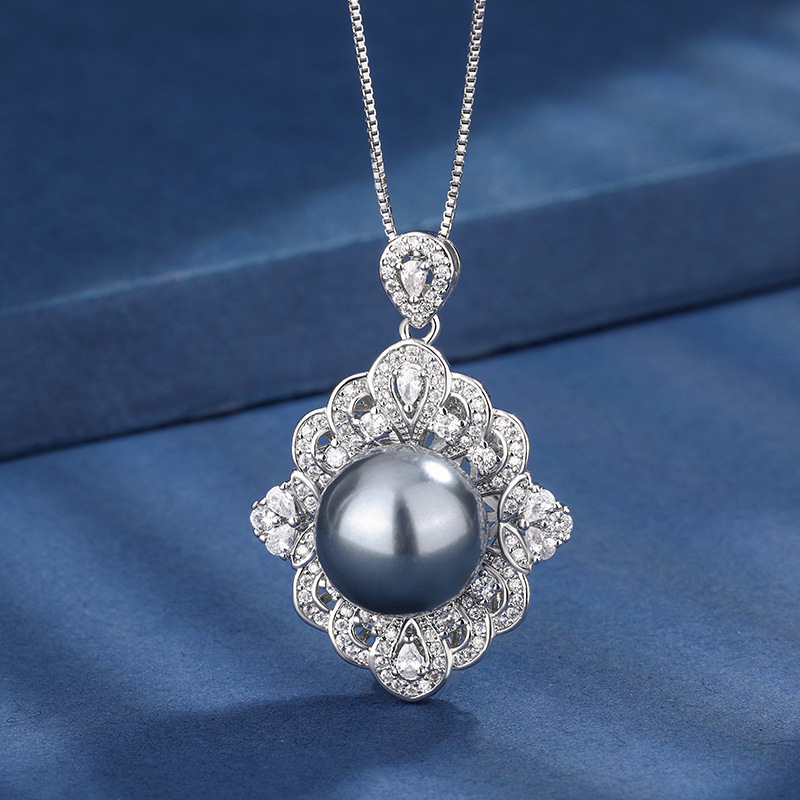 Gray bead pendant with chain