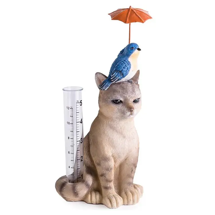 Vent et météo chat et oiseau avec parapluie, figurine de pluie, résine tout-temps, avec Tube en acrylique