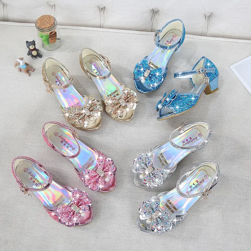 Kaliteli çocuklar Glitter yüksek topuk ayakkabı çocuk elmas kristal Sandal ayakkabı prenses fiyonk ayakkabı