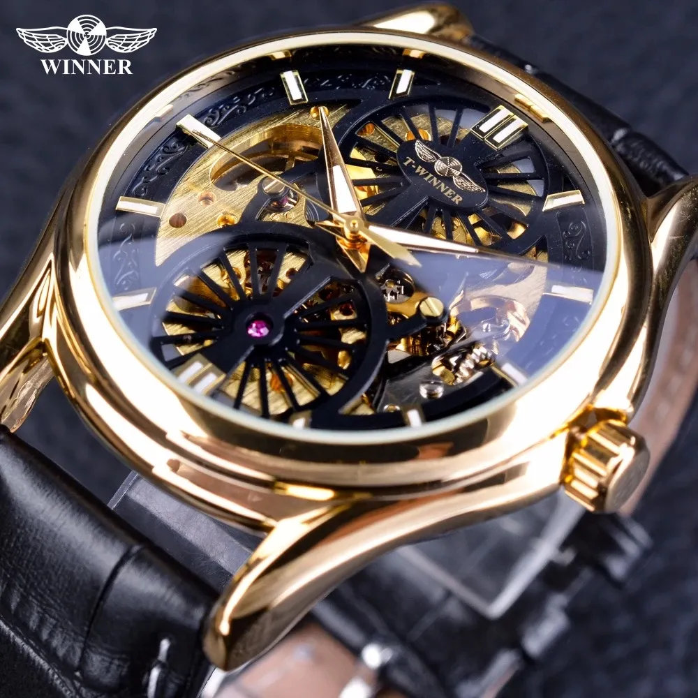 Gagnant chaud Golden Gear mouvement à l'intérieur squelette ouvert travail cuir hommes montre haut nouveau luxe mode automatique montre-bracelet horloge