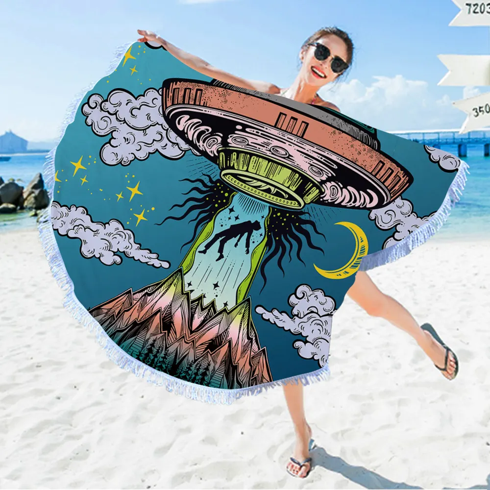 Nuevo logotipo personalizado de verano, toalla de playa sin arena, divertida nave espacial para adultos, diseñador de impresión Digital, toalla de playa redonda con borlas