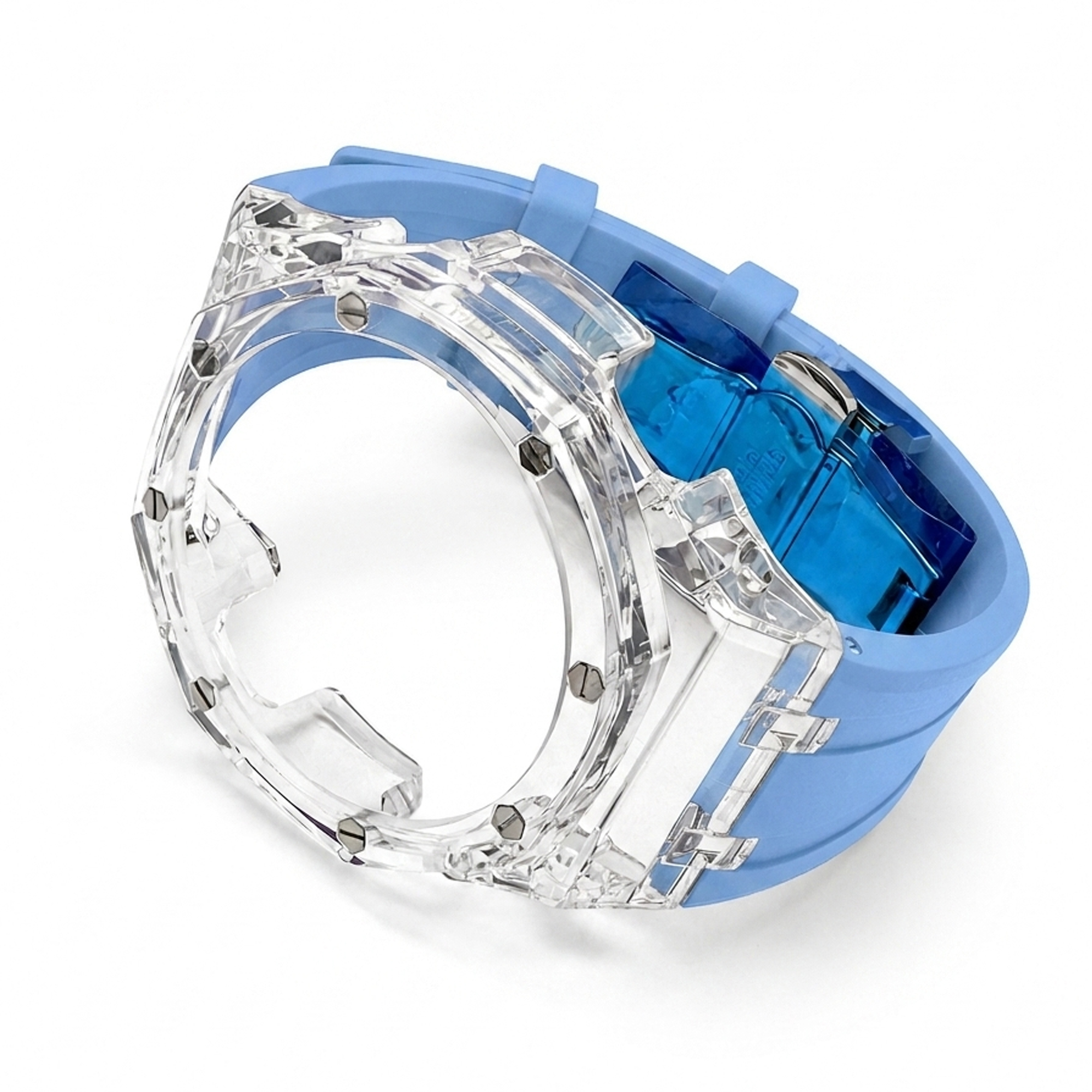 Boîtier transparent, bracelet bleu clair.