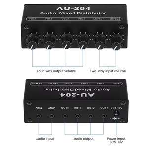 AU-204 Stereo <strong>Audio</strong> Mixer Distributor Signal Selector Switcher 2 <strong>Input</strong> 4 <strong>Output</strong> Aux 3.5 MM Individually Controls Amplifier - Product Image 3