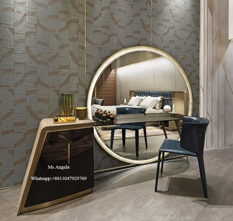 Mobiliário doméstico de luxo moderno, mesa de maquiagem com espelho redondo grande com gaveta