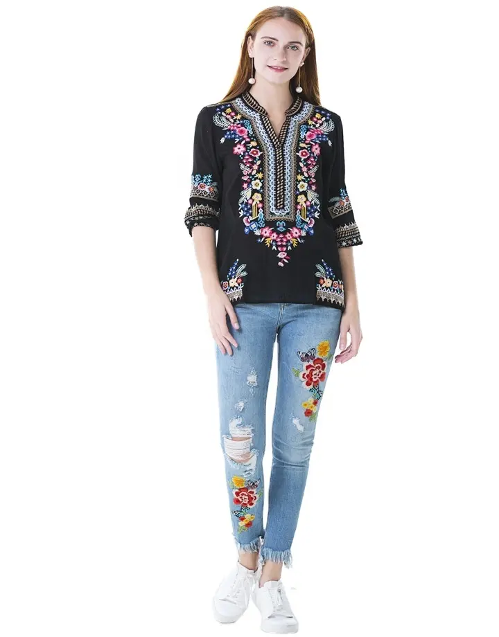 Blusa femenina informal con estampado Floral para primavera, camisa con bordados para Sta-237, color negro, con estampado Floral personalizado