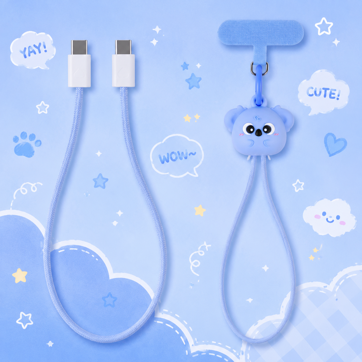 Blue Koala Wrist Strap Lanyard 60W Fast Charging Cable