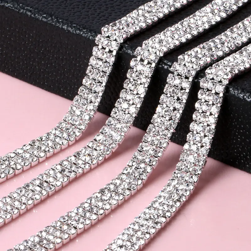 Xichuan-diamantes de imitación de cristal ss6-ss12, para coser en blanco K, garra de cobre, tres filas, cadena de taza para joyería de ropa