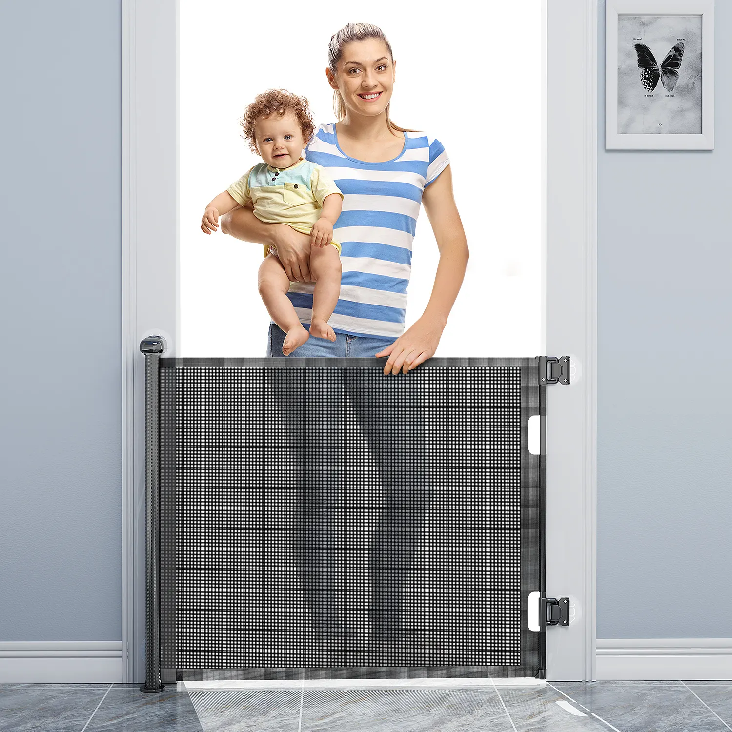 2023 new retractable mesh dog gate and acrylic baby safety gate pet gate Extra Wide55 X 33 Tall for doorways stairway hallways