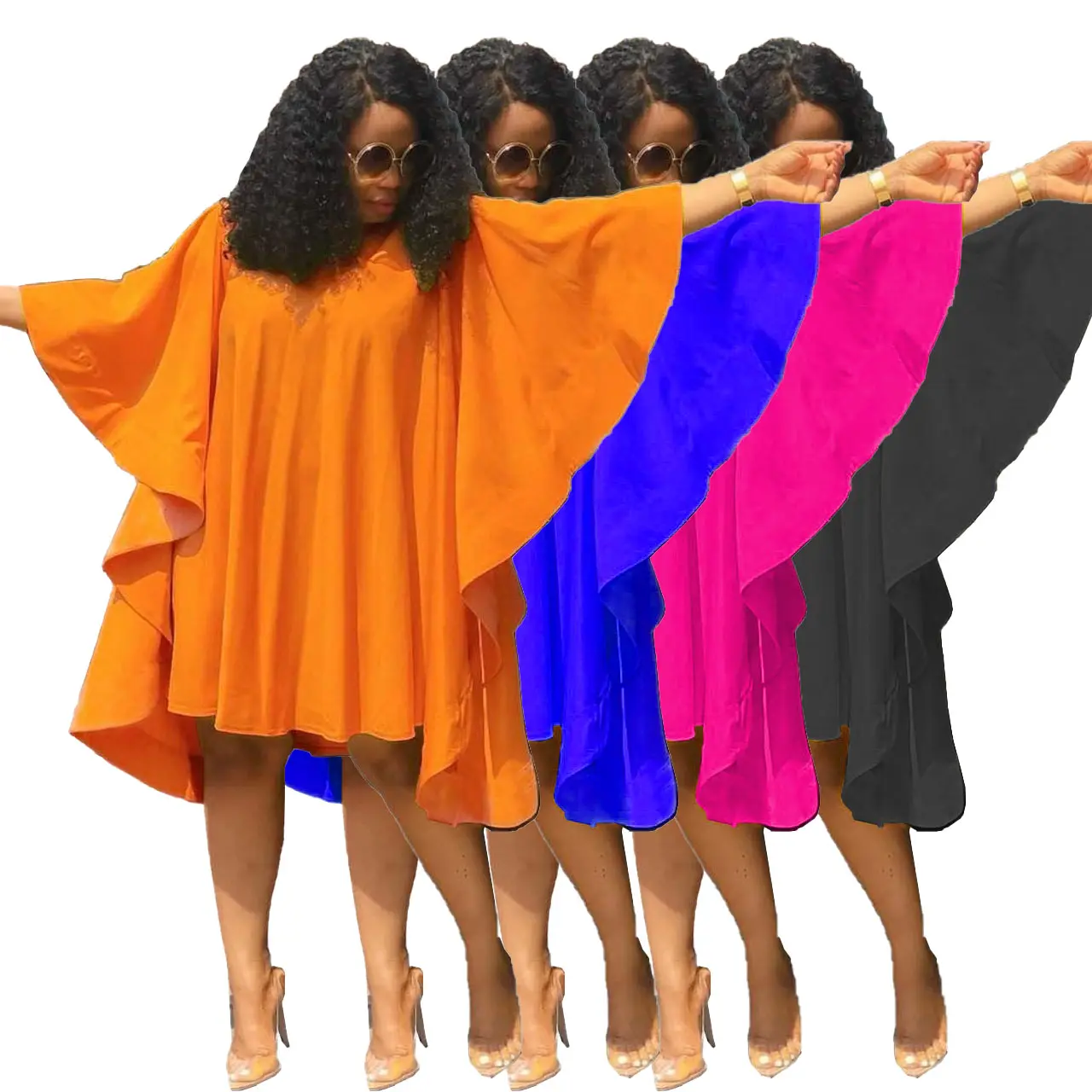 Ruffles Splice Senhoras Vestidos Soltos Club Party Dress 1 Peça Mini Vestidos Casuais Simples Mulheres Naturais Bat Wing Sleeve Sexy