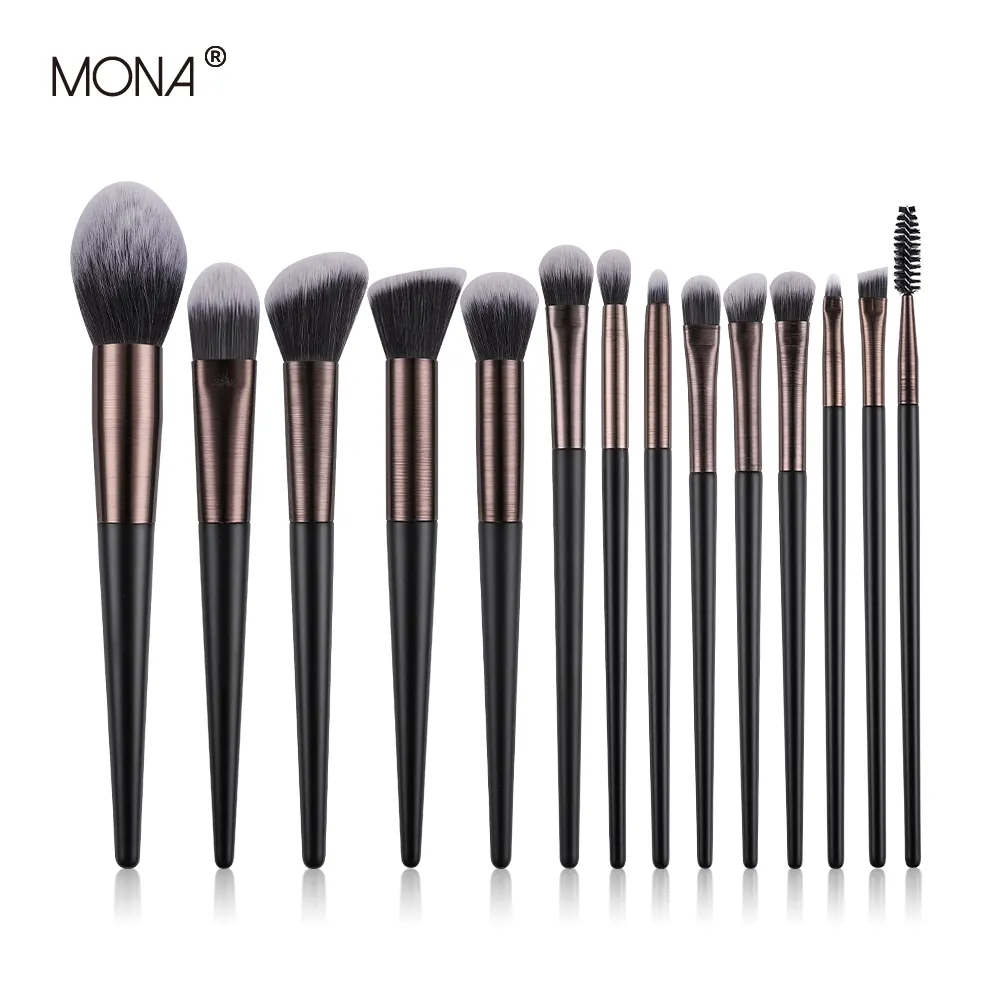 Mona Hot Selling Cosmetisch Zwart Hout Handvat Make-Up Borstel Set Synthetisch Haar Custom Logo Voor Make-Up