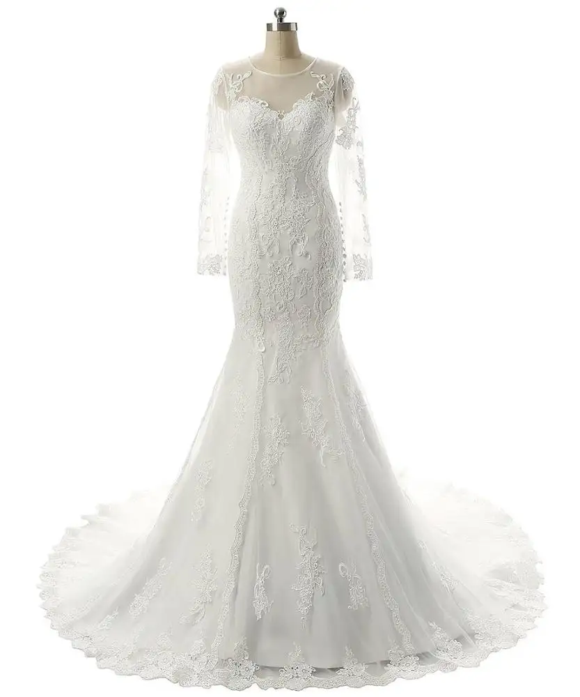 Robe de mariée en dentelle coupe sirène, manches longues, tenue de cérémonie nuptiale