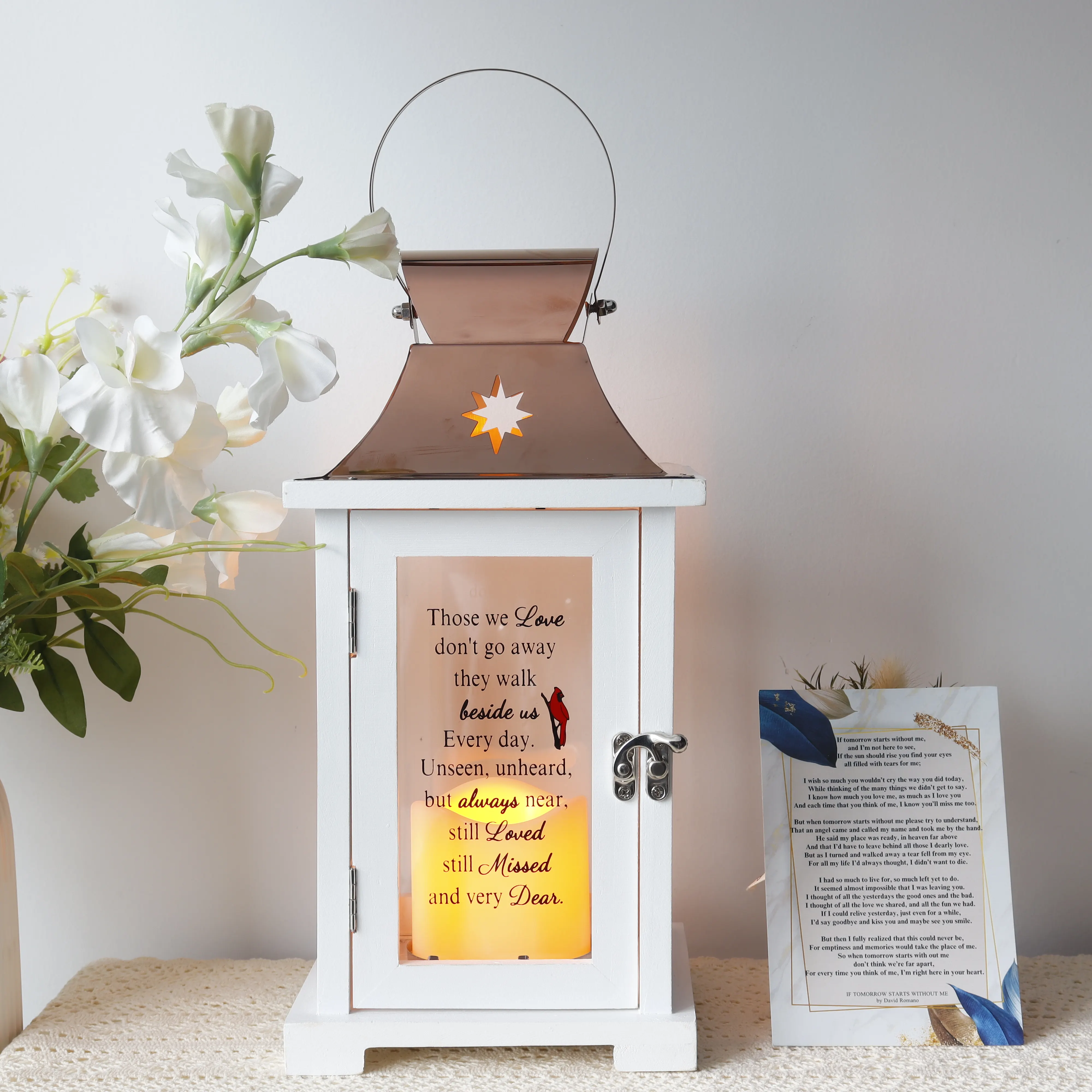 Outdoor Decorative Wooden White Memorial Candle Lanterns Rose Gold Stainless Steel Candle Holder