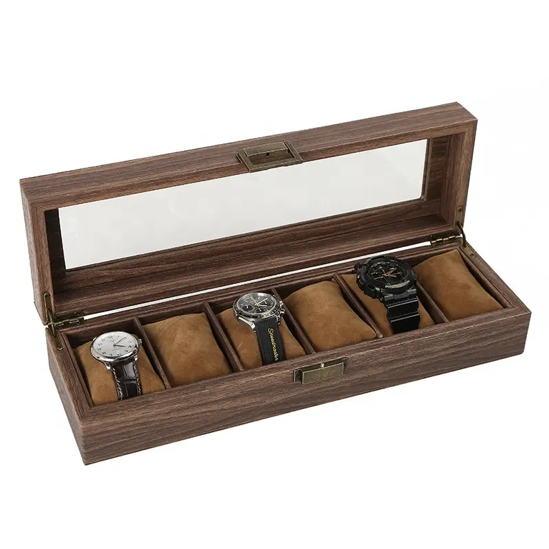 Luxe Bruin Houten Horloge Opbergdoos 6 Slots Display Dozen Voor Heren Horloge