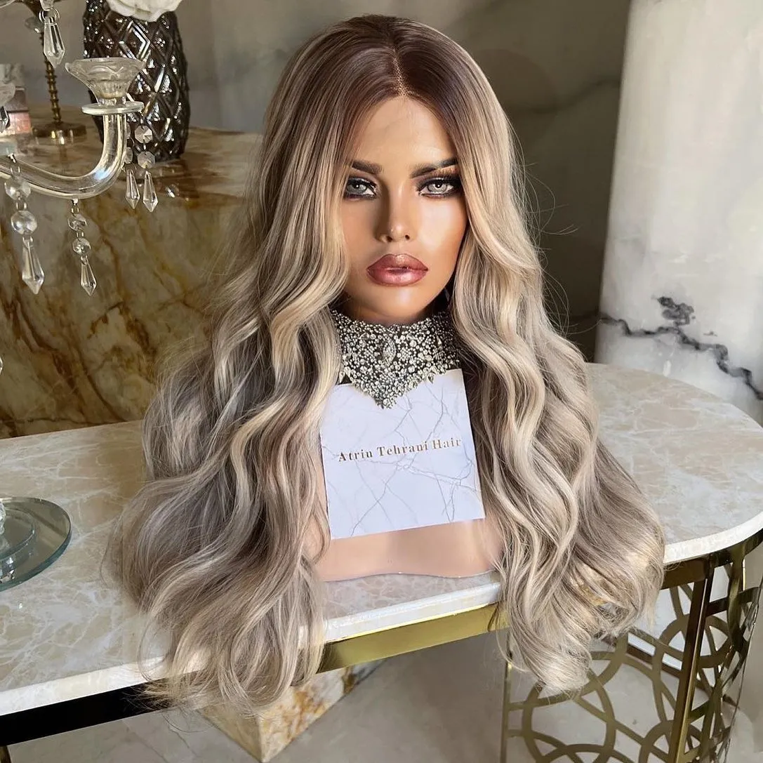 Fashion Loose Body Wave Synthetic Lace Front Wigs Dark Roots Grey Red Futura High Temperature Fiber Synthetic Lace Wig For Women