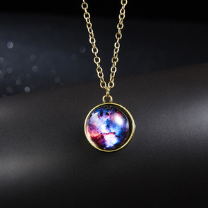 Cross Border Hot Selling Personality Galaxy Nebula Universe Nightlight Double Sided Glass Vintage Pendant Necklace Collar <strong>Chain</strong> - Product Image 2