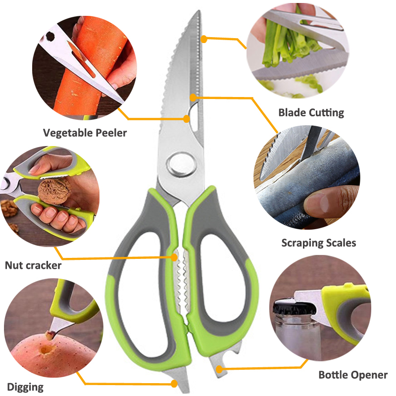 Design Multifunctional Kitchen Scissors Poultry Shears Nut Cracker Bone Cutter Magnetic Holder Sheath